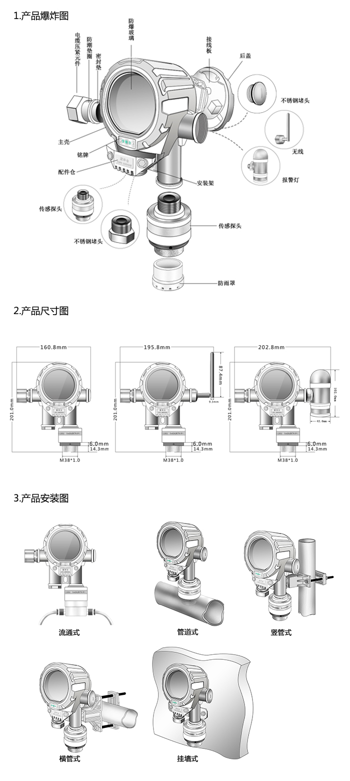 機氣貓固定在線式氨氣氣體檢測儀雙氣型網絡版尺寸與安裝圖